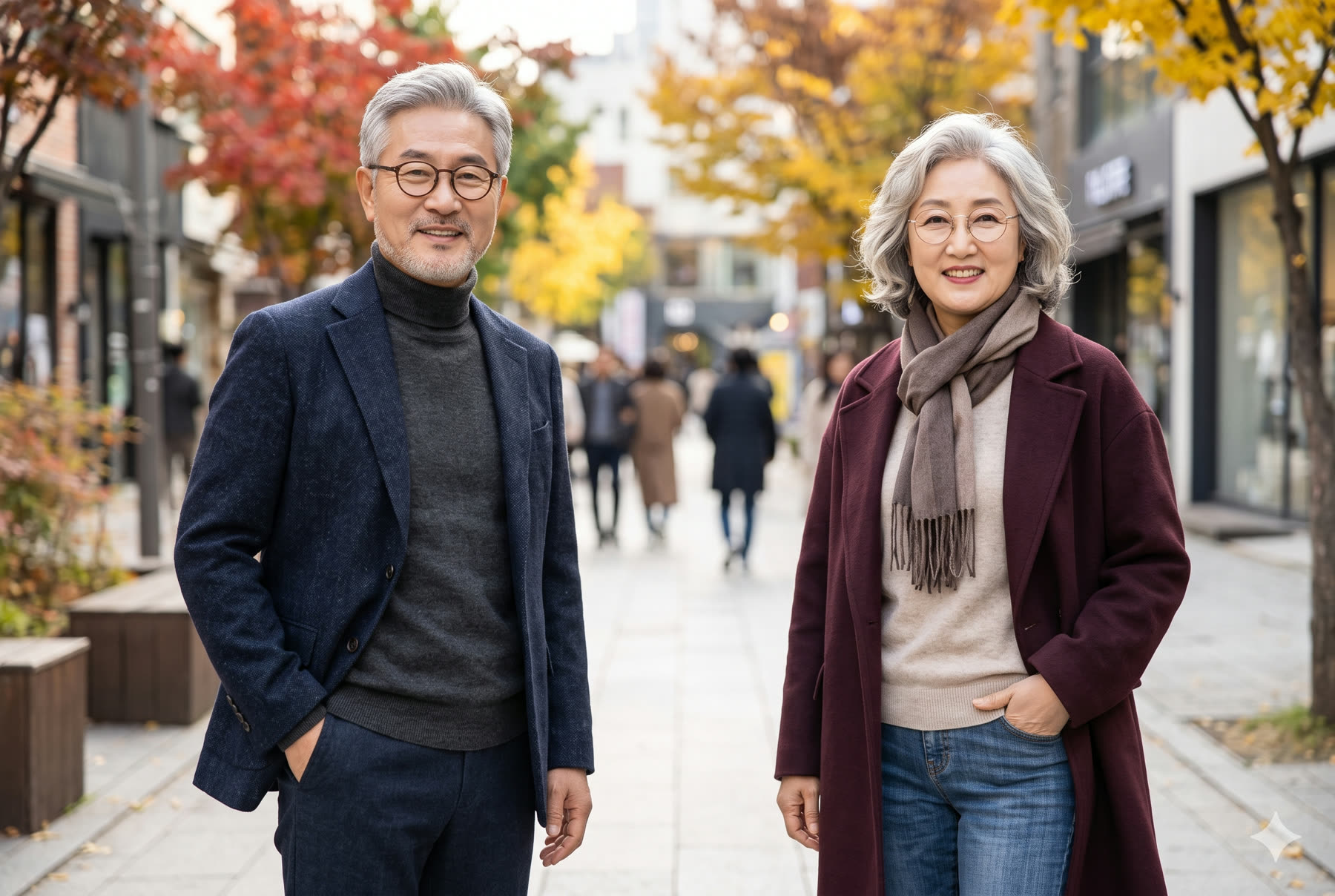 회색 머리에 둥근 안경을 쓴 여성이 웃는 모습